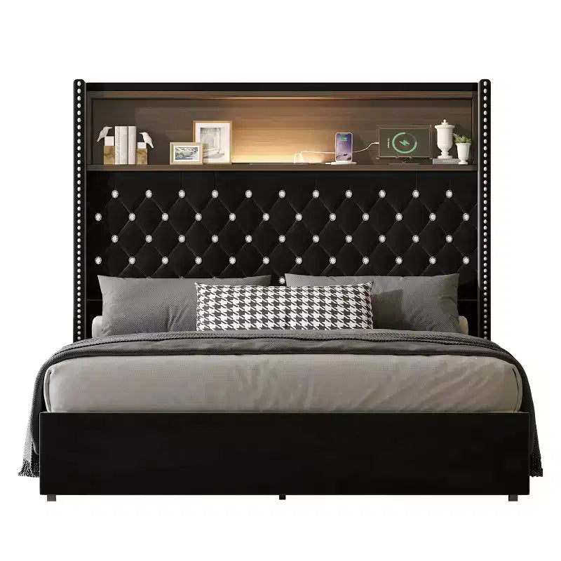 Cadre de lit plateforme capitonné en velours, taille Full/Queen, avec port USB et veilleuse, lit plateforme à dossier incurvé avec tête de lit décorée de rivets et étagère