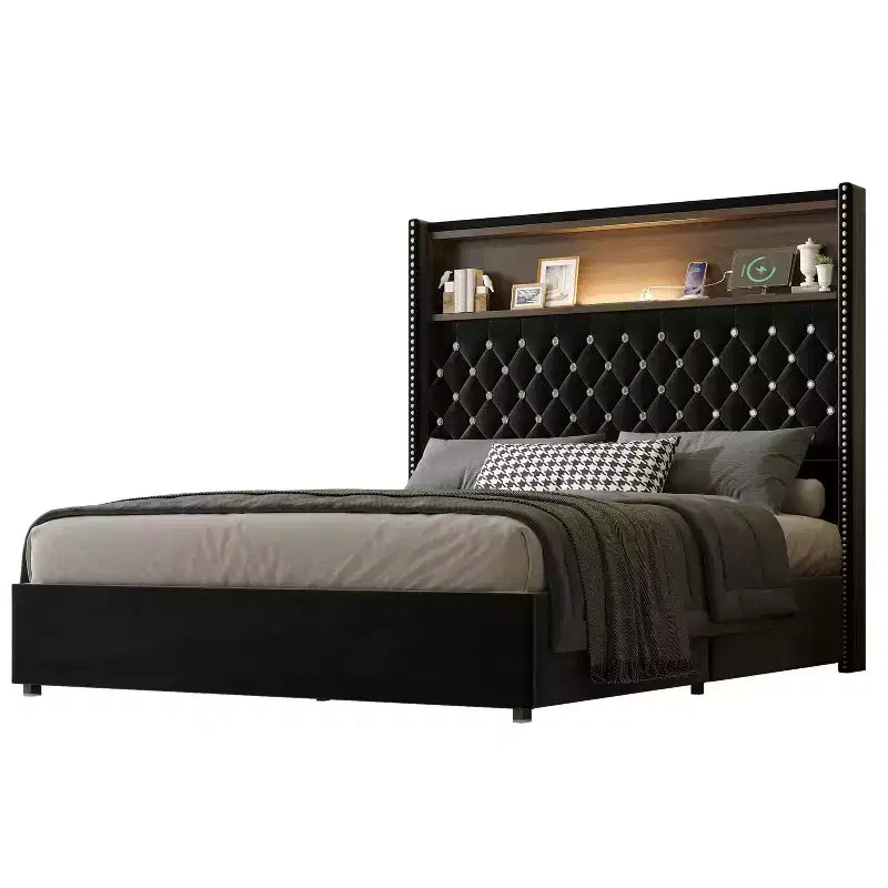 Cadre de lit plateforme capitonné en velours, taille Full/Queen, avec port USB et veilleuse, lit plateforme à dossier incurvé avec tête de lit décorée de rivets et étagère