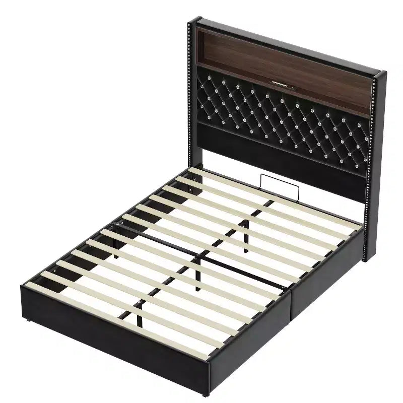 Cadre de lit plateforme capitonné en velours, taille Full/Queen, avec port USB et veilleuse, lit plateforme à dossier incurvé avec tête de lit décorée de rivets et étagère