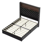 Cadre de lit plateforme capitonné en velours, taille Full/Queen, avec port USB et veilleuse, lit plateforme à dossier incurvé avec tête de lit décorée de rivets et étagère
