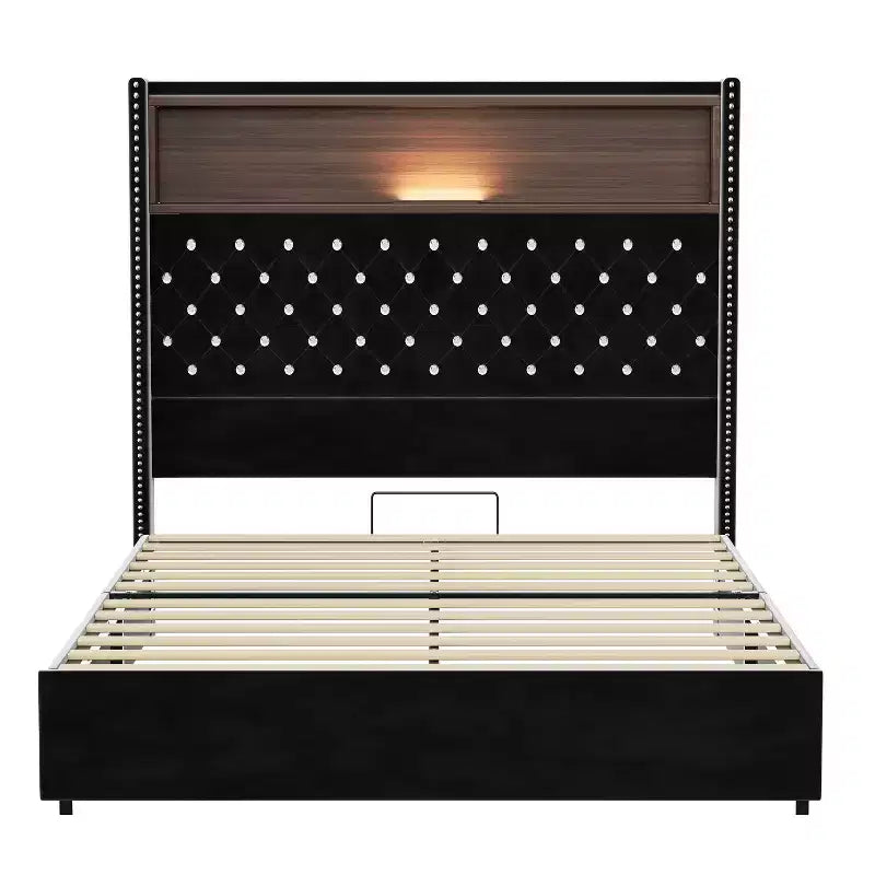 Cadre de lit plateforme capitonné en velours, taille Full/Queen, avec port USB et veilleuse, lit plateforme à dossier incurvé avec tête de lit décorée de rivets et étagère