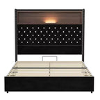 Cadre de lit plateforme capitonné en velours, taille Full/Queen, avec port USB et veilleuse, lit plateforme à dossier incurvé avec tête de lit décorée de rivets et étagère