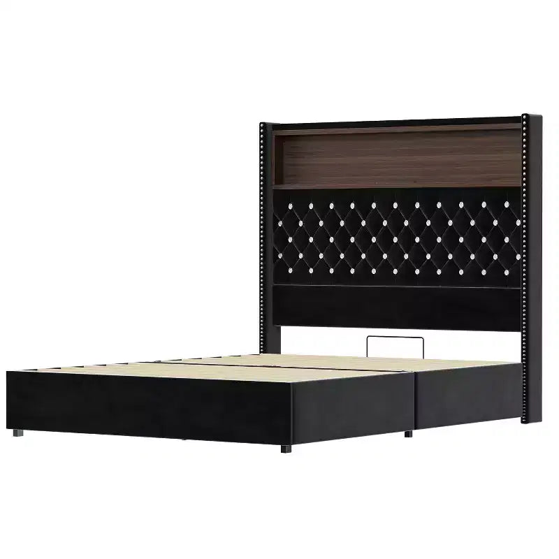 Cadre de lit plateforme capitonné en velours, taille Full/Queen, avec port USB et veilleuse, lit plateforme à dossier incurvé avec tête de lit décorée de rivets et étagère