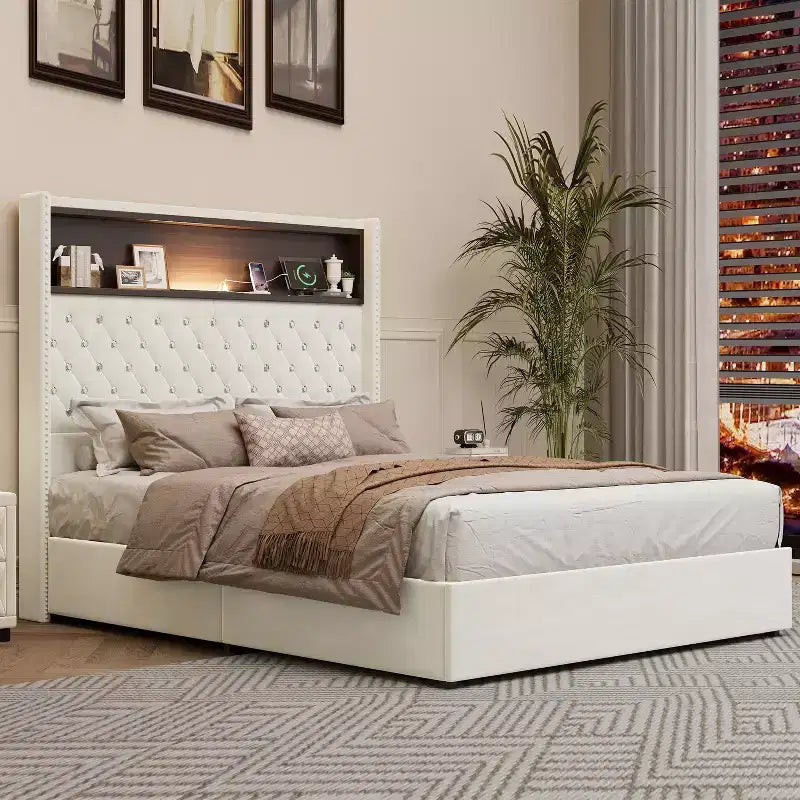 Cadre de lit plateforme capitonné en velours, taille Full/Queen, avec port USB et veilleuse, lit plateforme à dossier incurvé avec tête de lit décorée de rivets et étagère