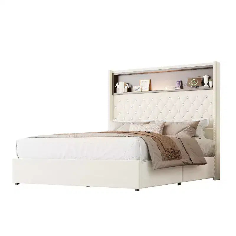 Cadre de lit plateforme capitonné en velours, taille Full/Queen, avec port USB et veilleuse, lit plateforme à dossier incurvé avec tête de lit décorée de rivets et étagère
