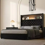 Cadre de lit plateforme capitonné en velours, taille Full/Queen, avec port USB et veilleuse, lit plateforme à dossier incurvé avec tête de lit décorée de rivets et étagère