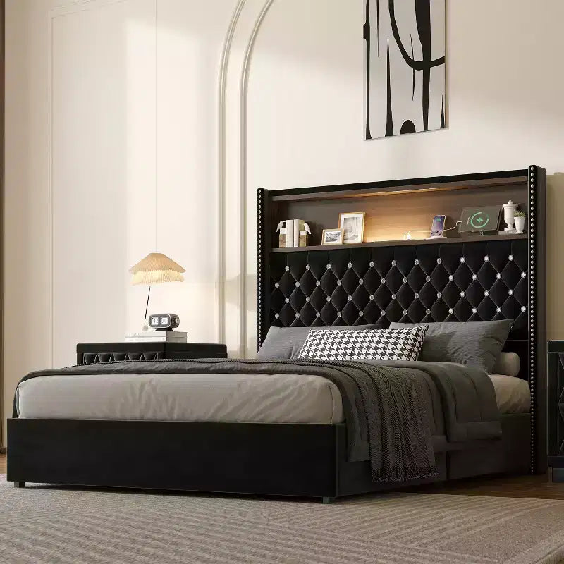Cadre de lit plateforme capitonné en velours, taille Full/Queen, avec port USB et veilleuse, lit plateforme à dossier incurvé avec tête de lit décorée de rivets et étagère