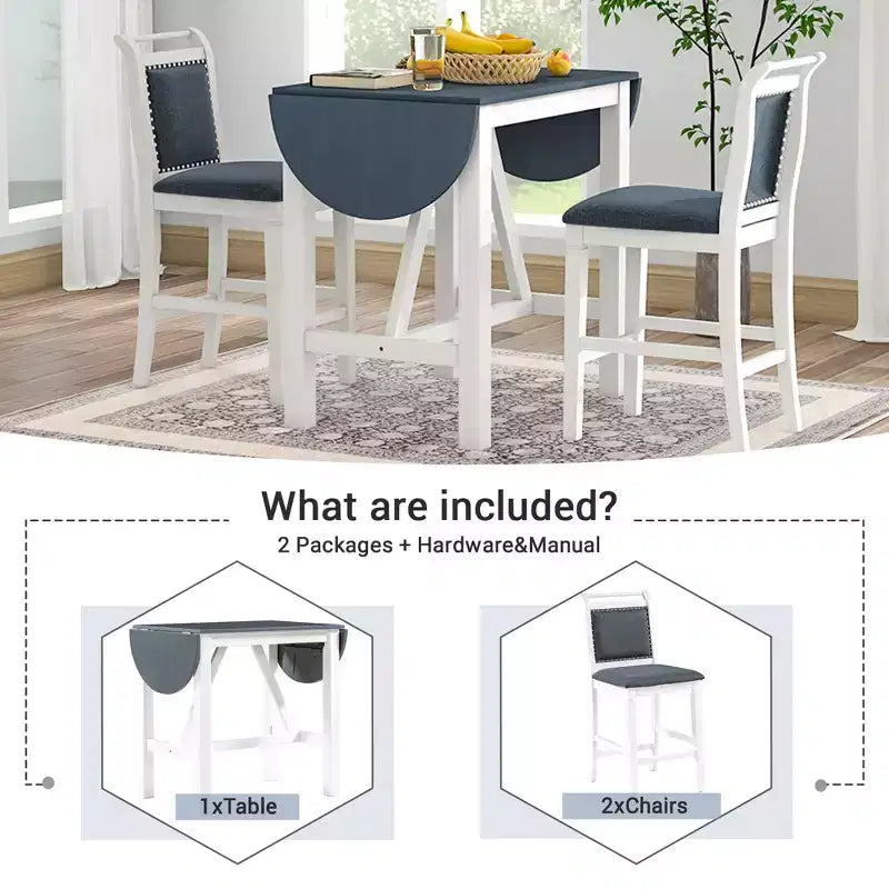 Ensemble de salle à manger 3 pièces, table à abattants extensibles avec 2 chaises, ensemble table de cuisine en bois d'hévéa robuste peu encombrant pour 2 personnes, maison, restaurant