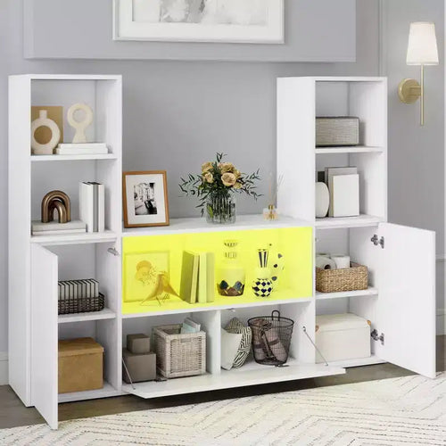 4-Tier U-Shaped Bookcase Castle Bookshelf with Cabinet &LED Light Cube Storage Organizer White