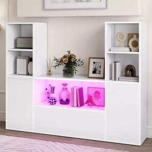 Étagère Bibliothèque en Forme de U à 4 Niveaux, Château, avec Meuble et Lumière LED, Organisateur de Rangement Cubique Blanc