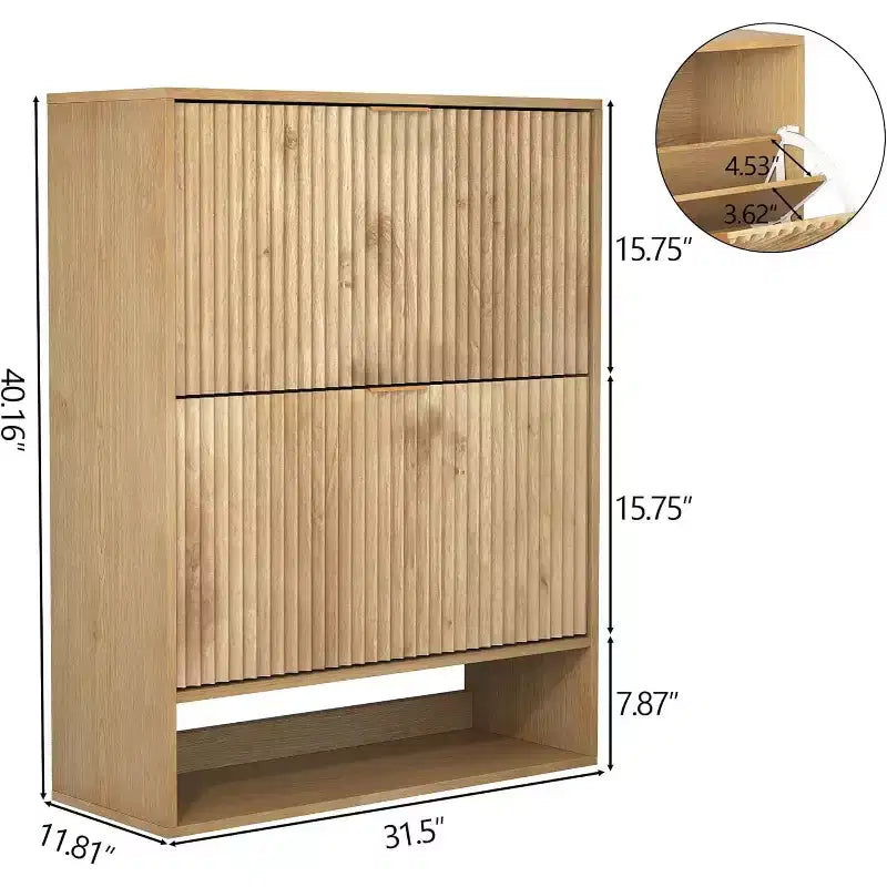 Meuble à chaussures cannelé pour entrée avec 2 tiroirs basculants et étagère ouverte inférieure, étagère à chaussures étroite avec crochets latéraux, meuble à chaussures fin