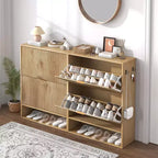 Meuble à chaussures cannelé pour entrée avec 2 tiroirs basculants et étagère ouverte inférieure, étagère à chaussures étroite avec crochets latéraux, meuble à chaussures fin