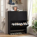 Meuble à chaussures cannelé pour entrée avec 2 tiroirs basculants et étagère ouverte inférieure, étagère à chaussures étroite avec crochets latéraux, meuble à chaussures fin