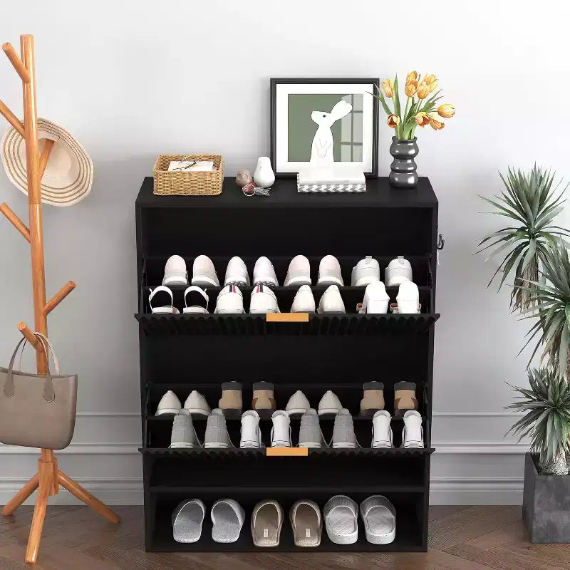Meuble à chaussures cannelé pour entrée avec 2 tiroirs basculants et étagère ouverte inférieure, étagère à chaussures étroite avec crochets latéraux, meuble à chaussures fin