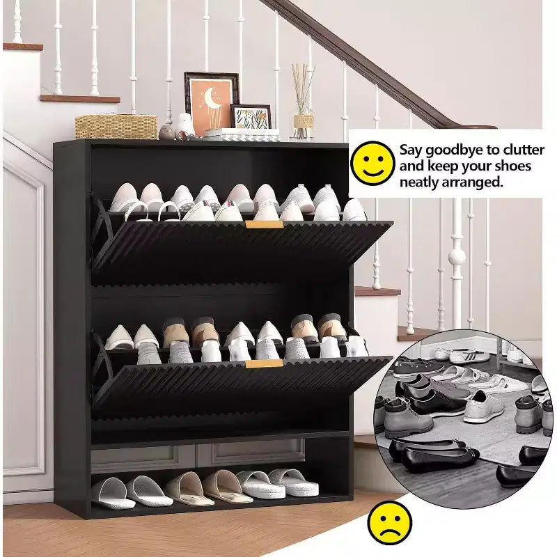 Meuble à chaussures cannelé pour entrée avec 2 tiroirs basculants et étagère ouverte inférieure, étagère à chaussures étroite avec crochets latéraux, meuble à chaussures fin