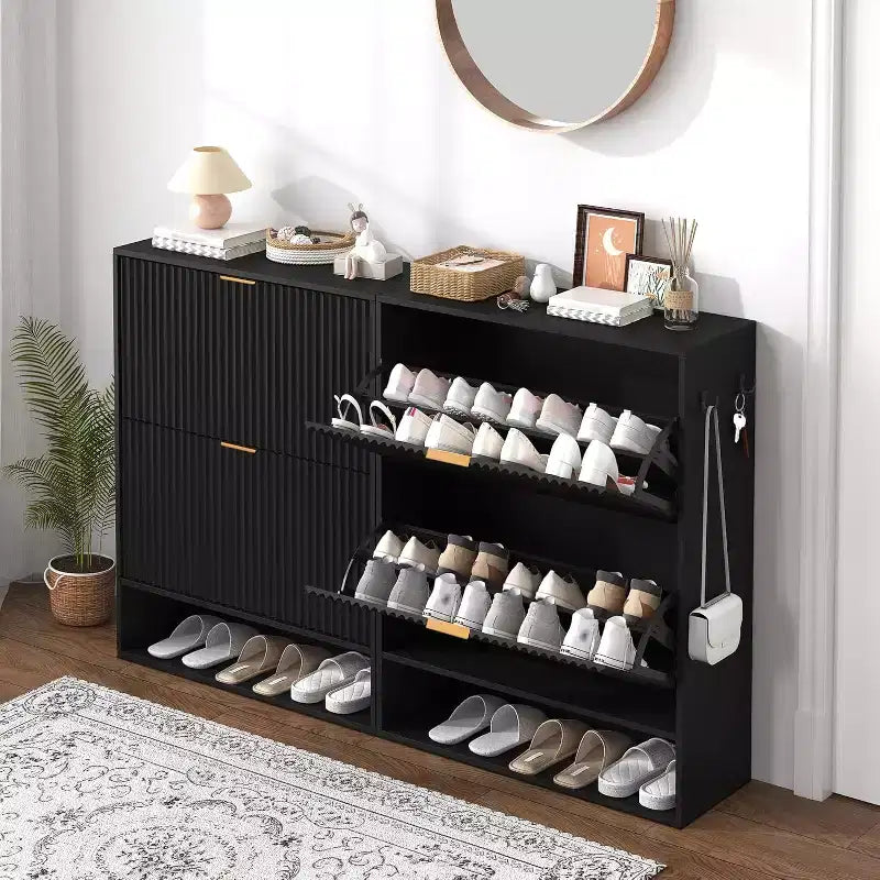 Meuble à chaussures cannelé pour entrée avec 2 tiroirs basculants et étagère ouverte inférieure, étagère à chaussures étroite avec crochets latéraux, meuble à chaussures fin