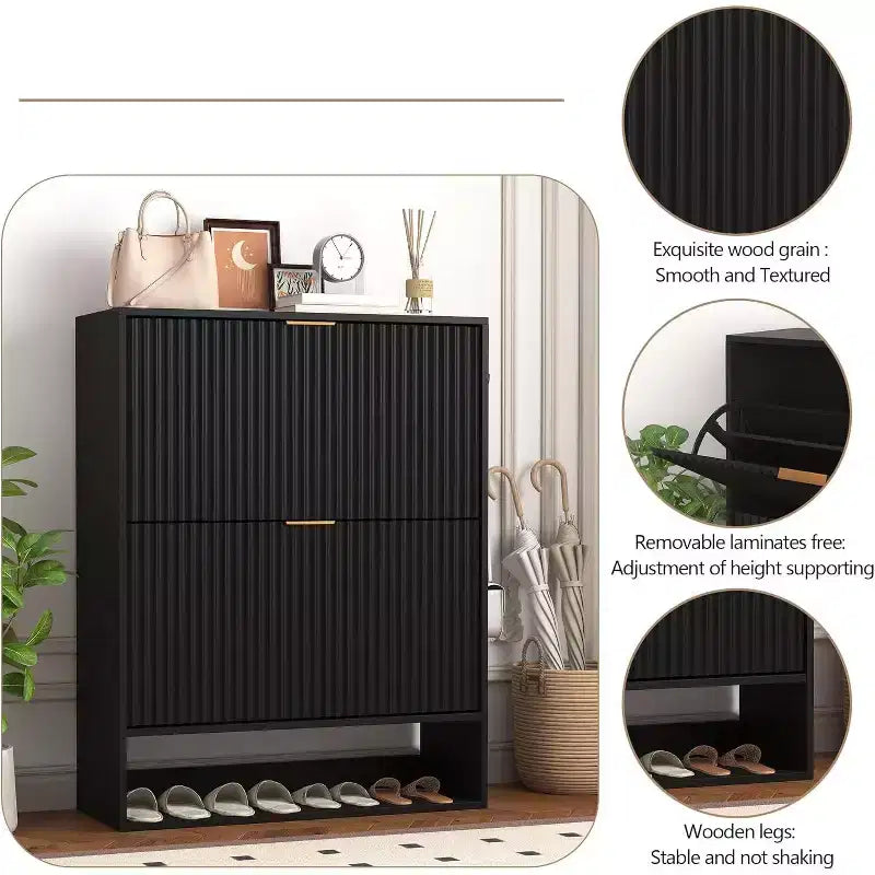 Meuble à chaussures cannelé pour entrée avec 2 tiroirs basculants et étagère ouverte inférieure, étagère à chaussures étroite avec crochets latéraux, meuble à chaussures fin