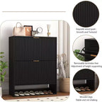 Meuble à chaussures cannelé pour entrée avec 2 tiroirs basculants et étagère ouverte inférieure, étagère à chaussures étroite avec crochets latéraux, meuble à chaussures fin