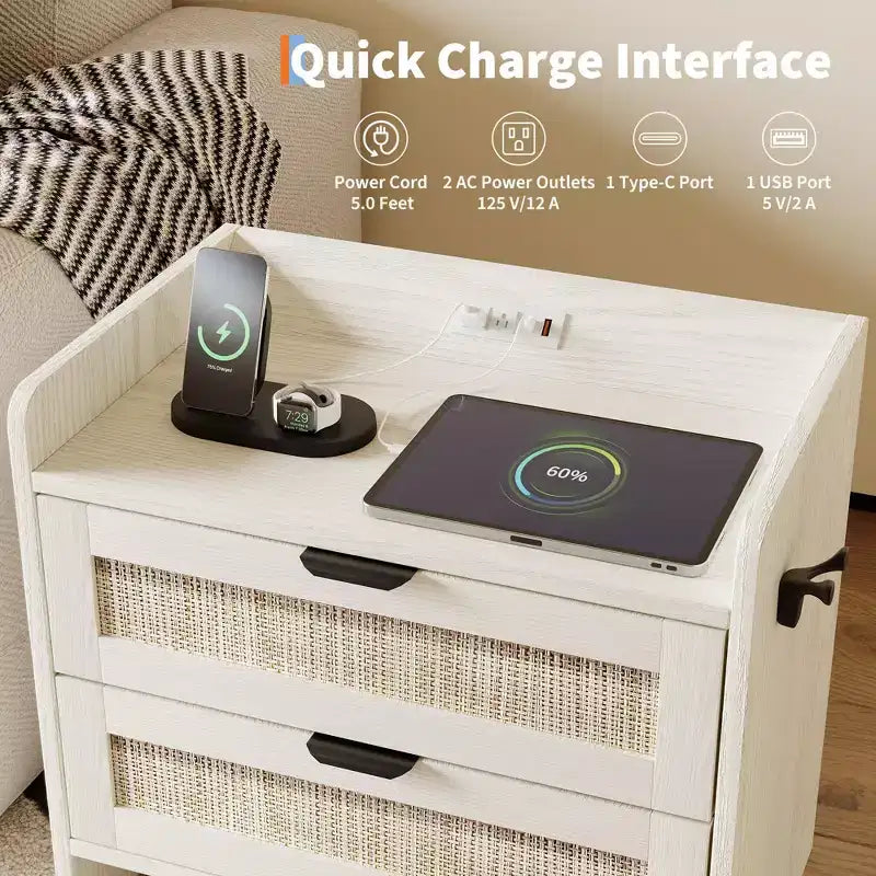 Table de chevet en rotin, 2 tiroirs, lot de 2, table de chevet moderne avec station de charge pour chambre à coucher et salon