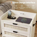 Table de chevet en rotin, 2 tiroirs, lot de 2, table de chevet moderne avec station de charge pour chambre à coucher et salon