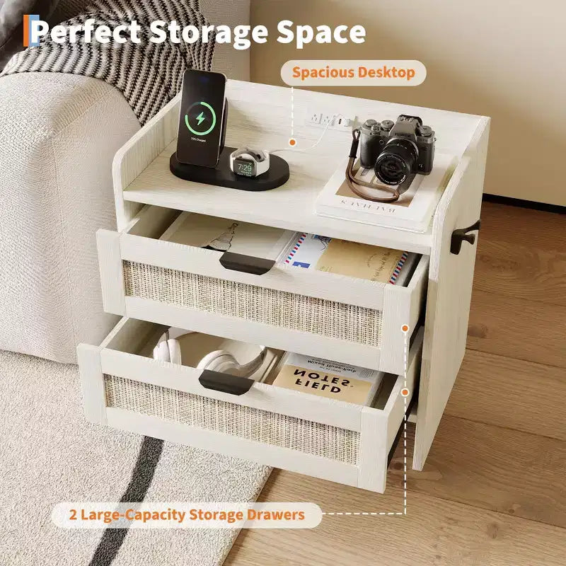 Table de chevet en rotin, 2 tiroirs, lot de 2, table de chevet moderne avec station de charge pour chambre à coucher et salon