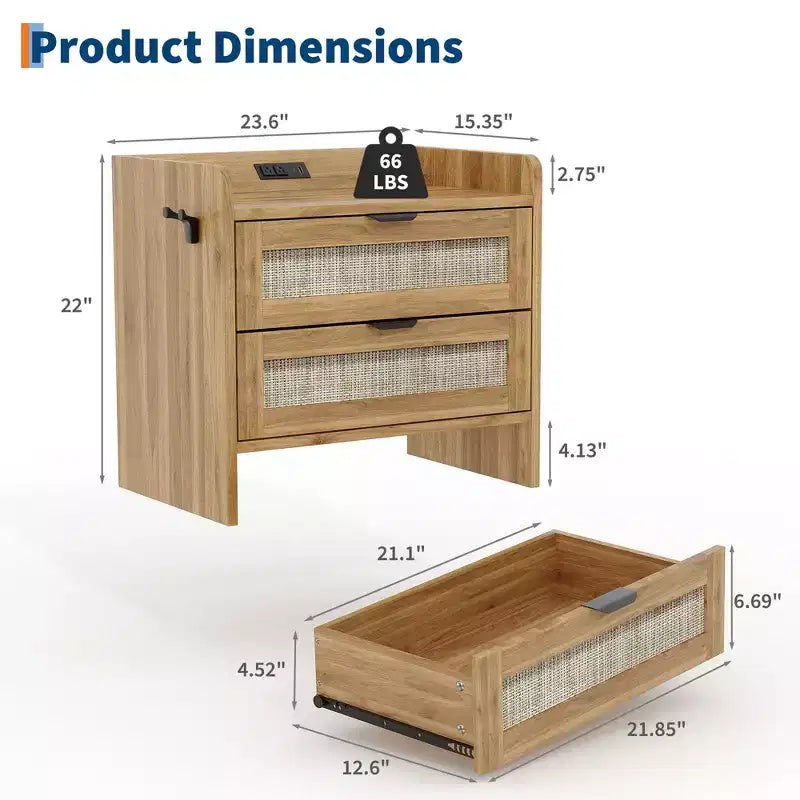 Table de chevet en rotin, 2 tiroirs, lot de 2, table de chevet moderne avec station de charge pour chambre à coucher et salon