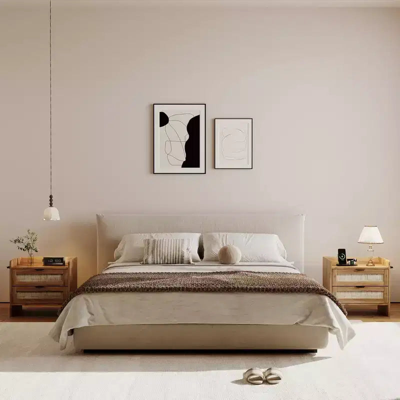 Table de chevet en rotin, 2 tiroirs, lot de 2, table de chevet moderne avec station de charge pour chambre à coucher et salon