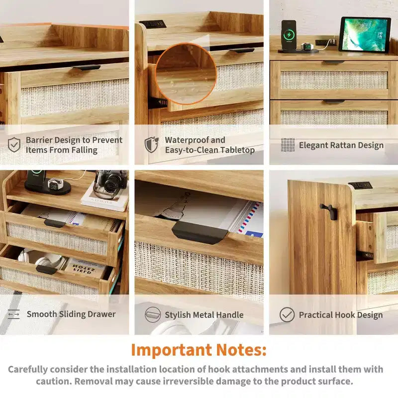 Table de chevet en rotin, 2 tiroirs, lot de 2, table de chevet moderne avec station de charge pour chambre à coucher et salon