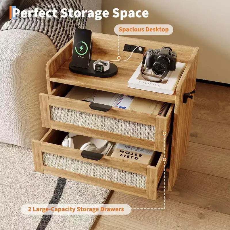 Table de chevet en rotin, 2 tiroirs, lot de 2, table de chevet moderne avec station de charge pour chambre à coucher et salon