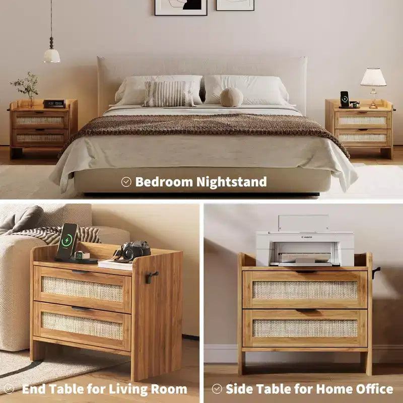 Table de chevet en rotin, 2 tiroirs, lot de 2, table de chevet moderne avec station de charge pour chambre à coucher et salon