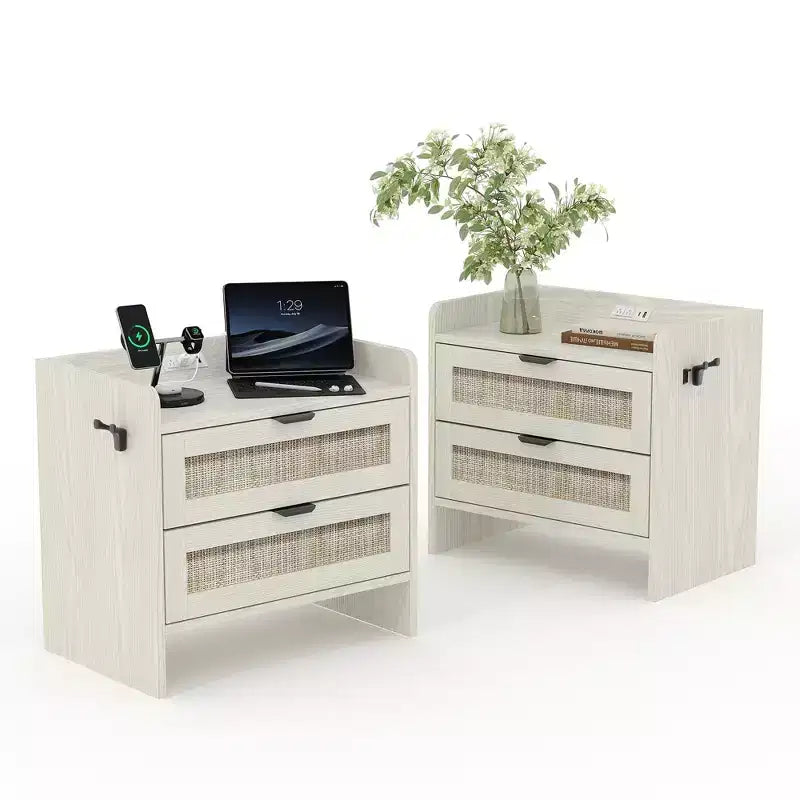 Table de chevet en rotin, 2 tiroirs, lot de 2, table de chevet moderne avec station de charge pour chambre à coucher et salon