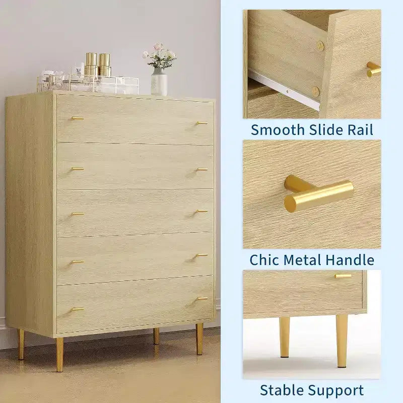 Commode de chambre à 5 tiroirs, commode haute rustique en bois de 111 cm avec poignées-barres, design vintage pour chambre à coucher, salon, couloir