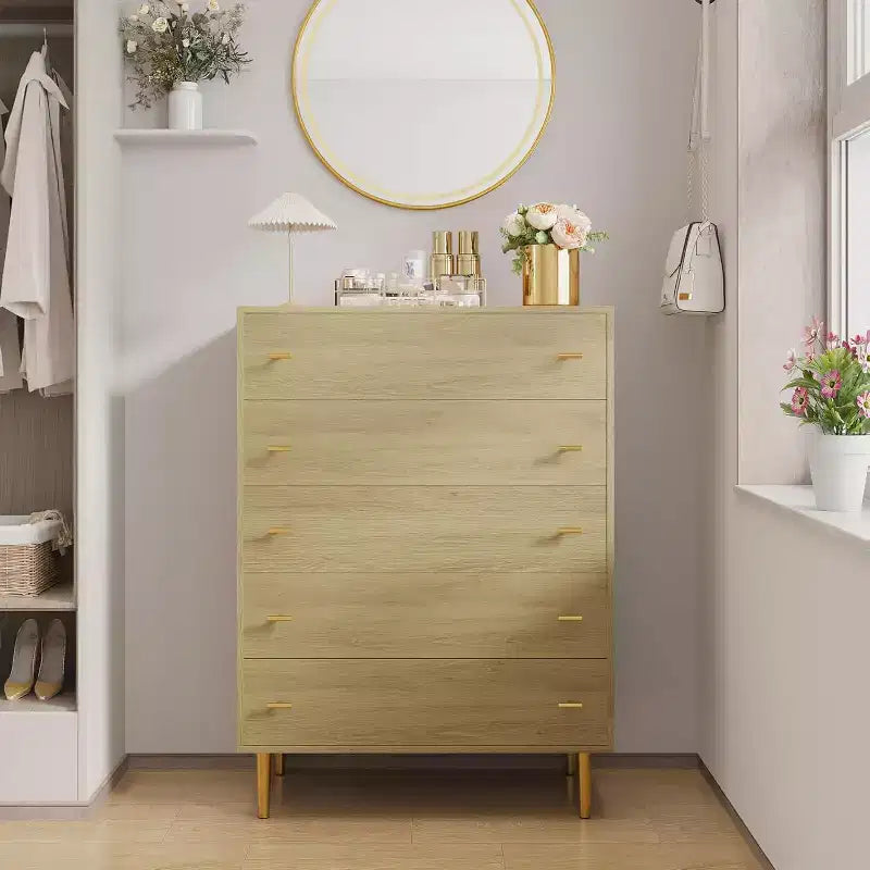 Commode de chambre à 5 tiroirs, commode haute rustique en bois de 111 cm avec poignées-barres, design vintage pour chambre à coucher, salon, couloir