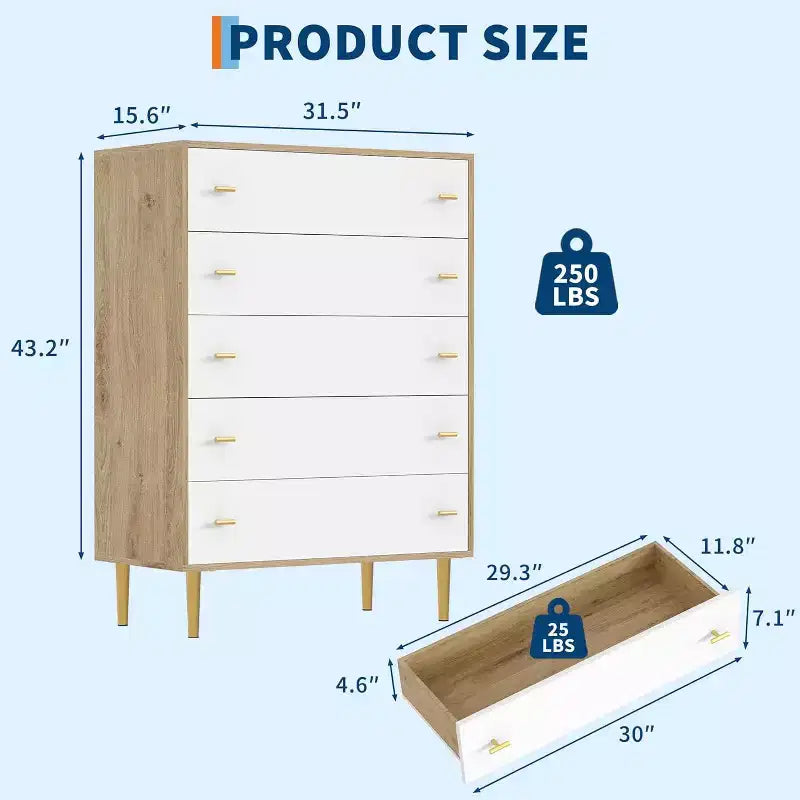 Commode de chambre à 5 tiroirs, commode haute rustique en bois de 111 cm avec poignées-barres, design vintage pour chambre à coucher, salon, couloir