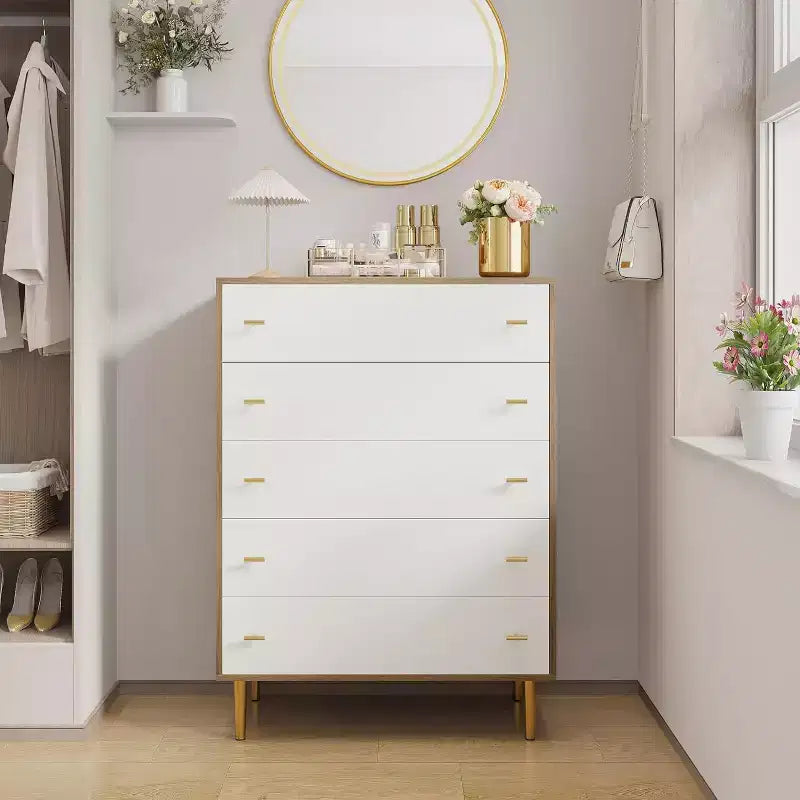 Commode de chambre à 5 tiroirs, commode haute rustique en bois de 111 cm avec poignées-barres, design vintage pour chambre à coucher, salon, couloir