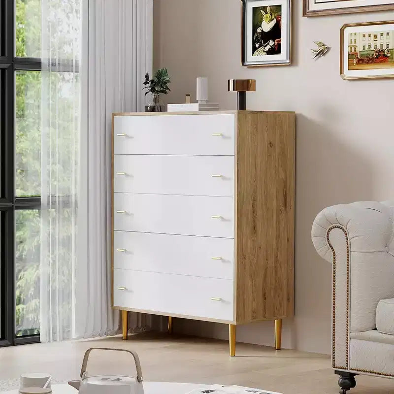Commode de chambre à 5 tiroirs, commode haute rustique en bois de 111 cm avec poignées-barres, design vintage pour chambre à coucher, salon, couloir