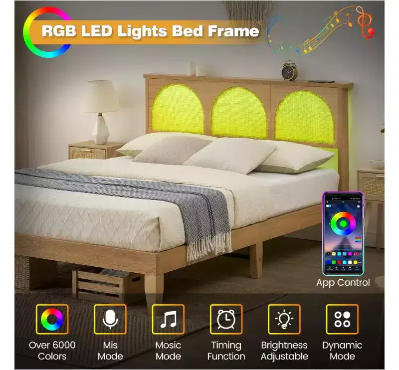 Lit en bois de rotin arqué SJL, nouveau lit Queen en rotin avec structure LED RGB