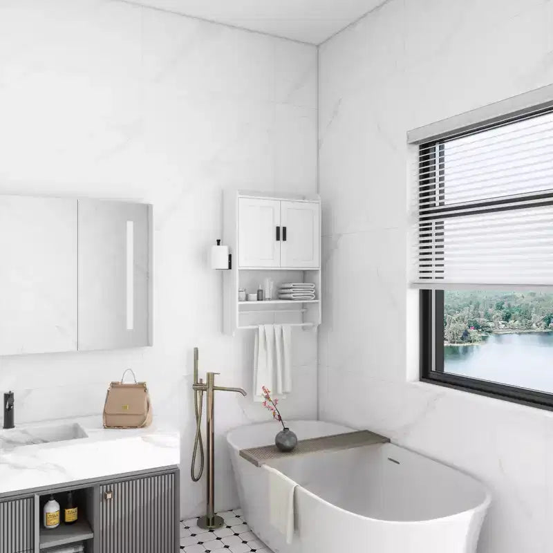 Meuble Mural de Salle de Bain sumyeg avec Portes, Étagère Réglable, Porte-Serviettes et Porte-Papier