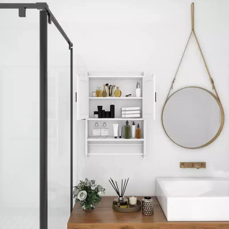 Meuble Mural de Salle de Bain sumyeg avec Portes, Étagère Réglable, Porte-Serviettes et Porte-Papier