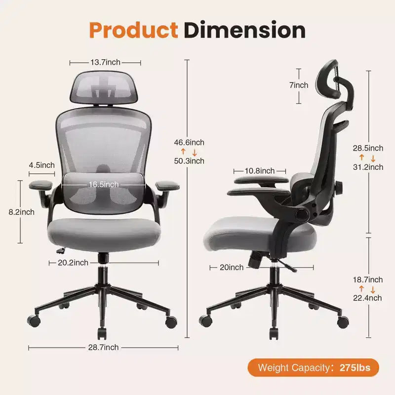 Chaise de bureau ergonomique à dossier haut TUYOHW avec support lombaire réglable, chaise de jeu avec accoudoirs relevables, chaise d'ordinateur en maille pour la maison, le bureau