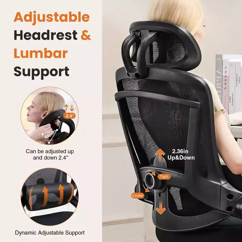 Chaise de bureau ergonomique à dossier haut TUYOHW avec support lombaire réglable, chaise de jeu avec accoudoirs relevables, chaise d'ordinateur en maille pour la maison, le bureau