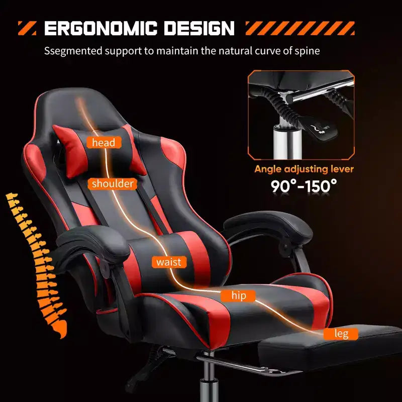 Chaise de jeu ergonomique TUYOHW avec repose-pieds, fauteuil inclinable en cuir PU avec appuie-tête et accoudoir fixe, chaise d'ordinateur pour le bureau et l'étude