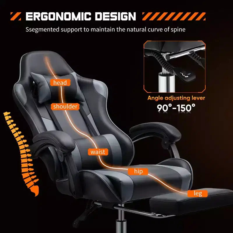 Chaise de jeu ergonomique TUYOHW avec repose-pieds, fauteuil inclinable en cuir PU avec appuie-tête et accoudoir fixe, chaise d'ordinateur pour le bureau et l'étude