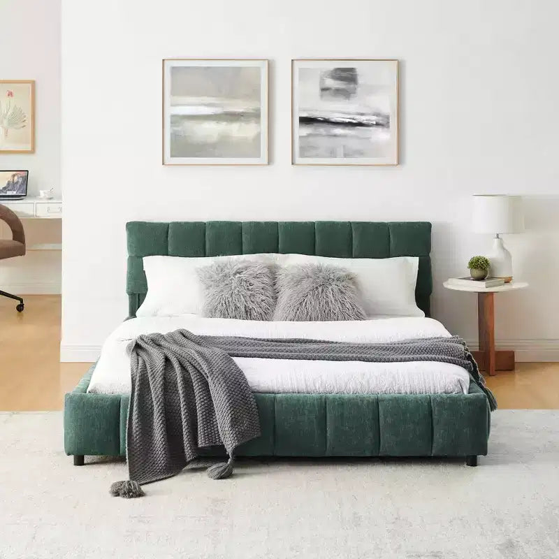 MAYEERTY Queen Size Upholstered Bed with Headboard Chenille Fabric Solid Bed Frame Drawer for Bedroom Blue Green