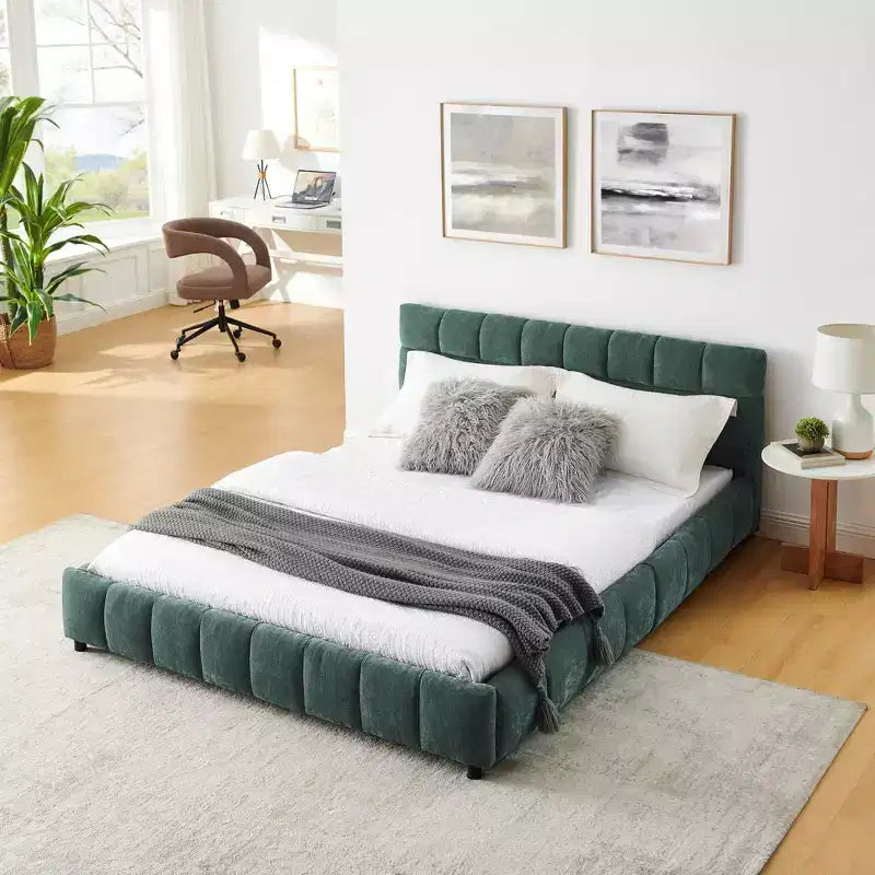 MAYEERTY Lit rembourré Queen Size avec tête de lit Tissu Chenille Cadre de lit solide Tiroir pour Chambre Bleu Vert