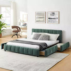 MAYEERTY Lit rembourré Queen Size avec tête de lit Tissu Chenille Cadre de lit solide Tiroir pour Chambre Bleu Vert