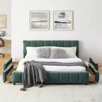 MAYEERTY Lit rembourré Queen Size avec tête de lit Tissu Chenille Cadre de lit solide Tiroir pour Chambre Bleu Vert