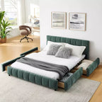 MAYEERTY Lit rembourré Queen Size avec tête de lit Tissu Chenille Cadre de lit solide Tiroir pour Chambre Bleu Vert