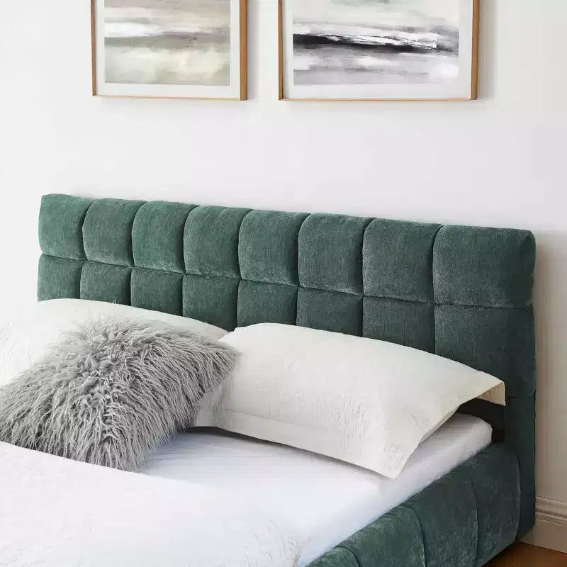 MAYEERTY Lit rembourré Queen Size avec tête de lit Tissu Chenille Cadre de lit solide Tiroir pour Chambre Bleu Vert