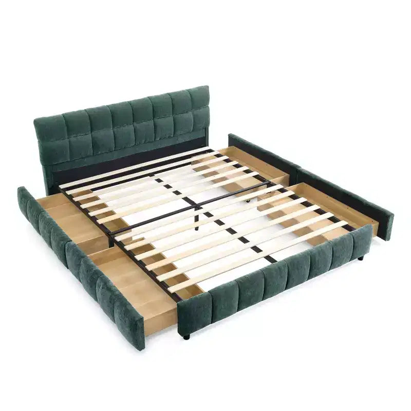 MAYEERTY Lit rembourré Queen Size avec tête de lit Tissu Chenille Cadre de lit solide Tiroir pour Chambre Bleu Vert